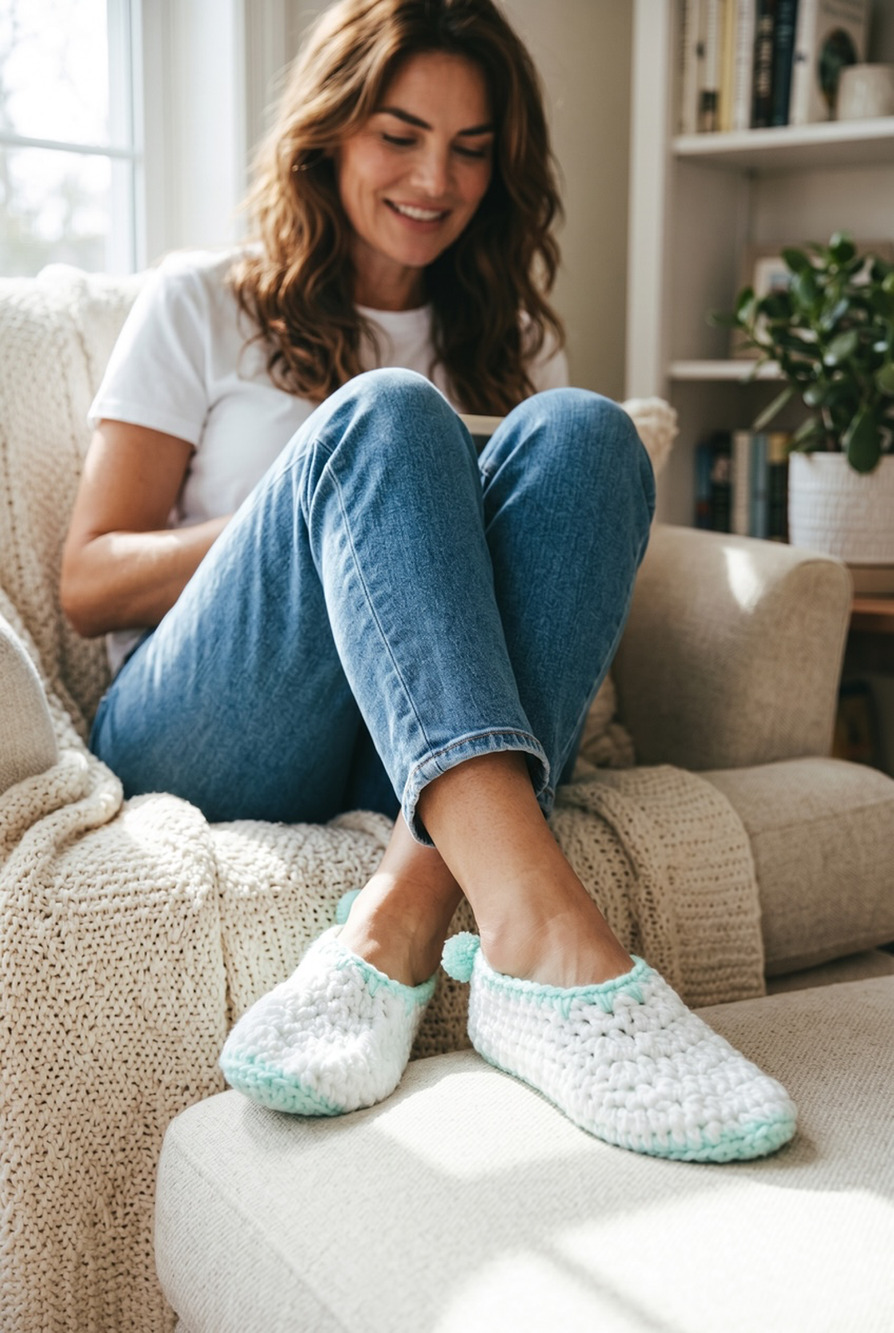 Hand Crochet House Slippers Size 8 Booties Pom Pom Slip On